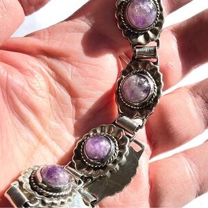 Vintage Sterling Silver Taxco Amethyst Cabochons Floral Panel Bracelet 38.5g